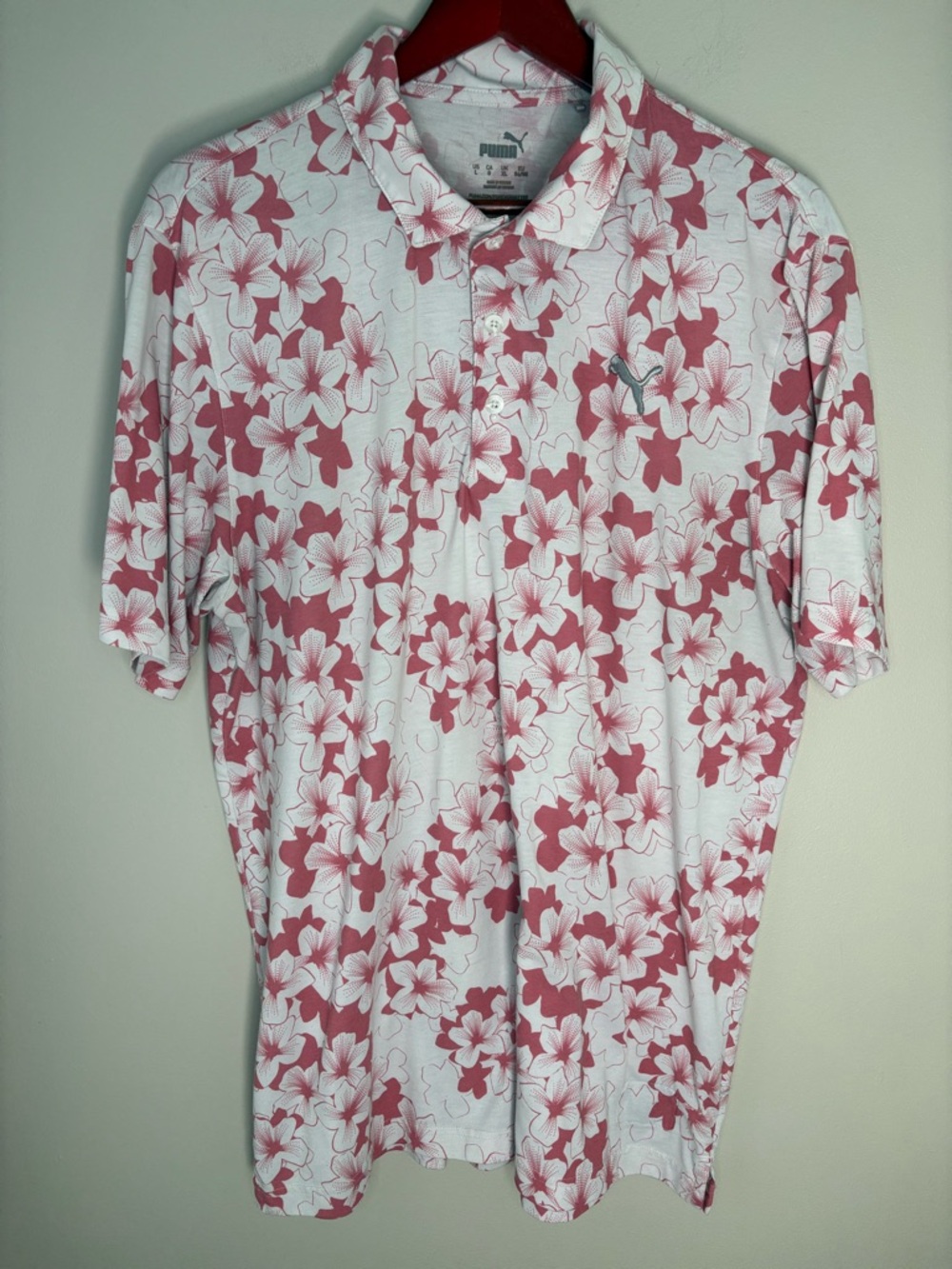 Puma Floral Polo Shirt Men’s Large Pink White Golf Performance